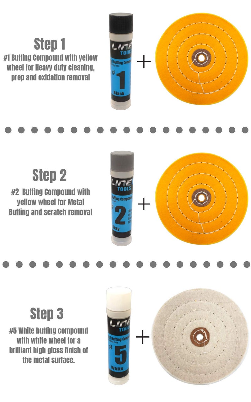 LINE10 Tools 6-Inch Buffing Polishing Wheel Kit for Bench Grinder and Drill, 3-Step Metal Buff Compound, Aluminum, Chrome, Stainless Steel Buffer Drill Adapter Auto Rim Trim Golf Club Restoration - Image 4